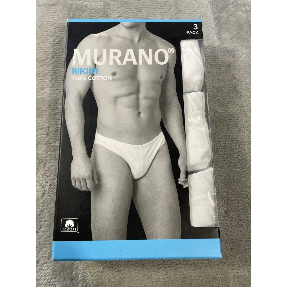 Murano‎ Bikini Briefs 3 Pack Mens Large White 100% Cotton Underwear Tagless